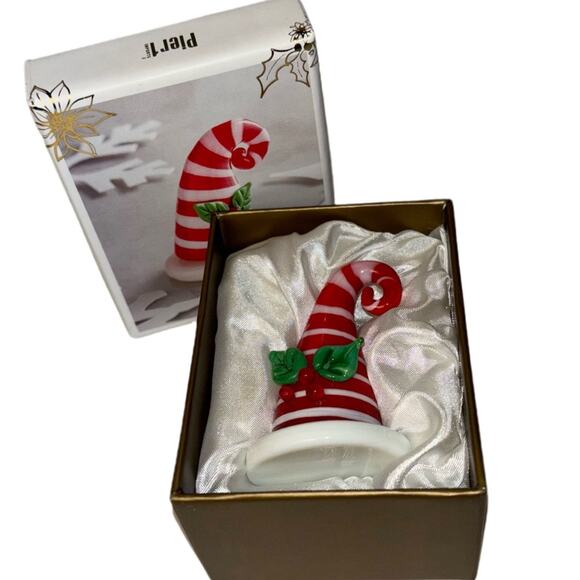 NEW Pier 1 Candy Cane Striped Glass 'Santa Hat' Handcrafted Christmas Figurine - Picture 1 of 16